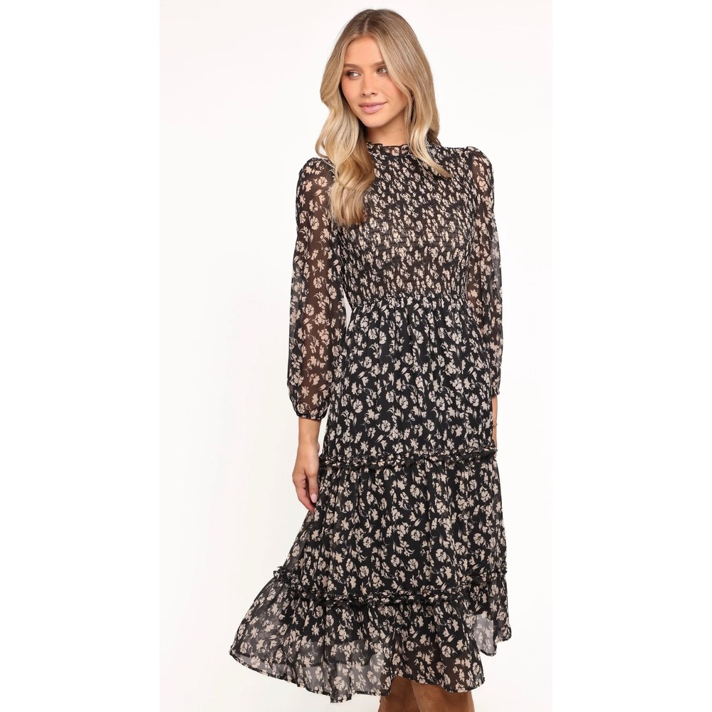 Petal + Pup Navy Floral Smocked Midi Dress Long Sleeve Tiered DA3038P XS New